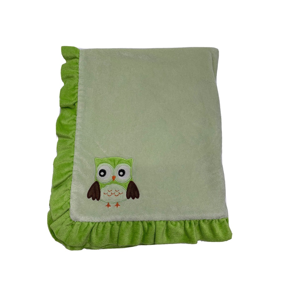 Green Fleece Baby Blanket Ruffle Edge Trim Owl Lovey Toddler Silver One Baby